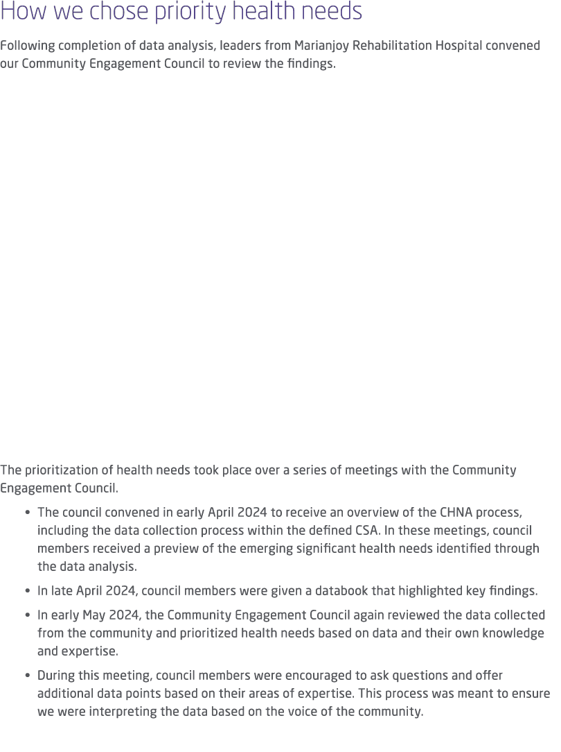 How we chose priority health needs Following completion of data analysis, leaders from Marianjoy Rehabilitation Hospi...