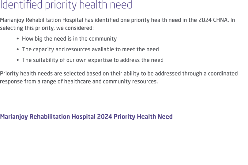 Identified priority health need Marianjoy Rehabilitation Hospital has identified one priority health need in the 2024...