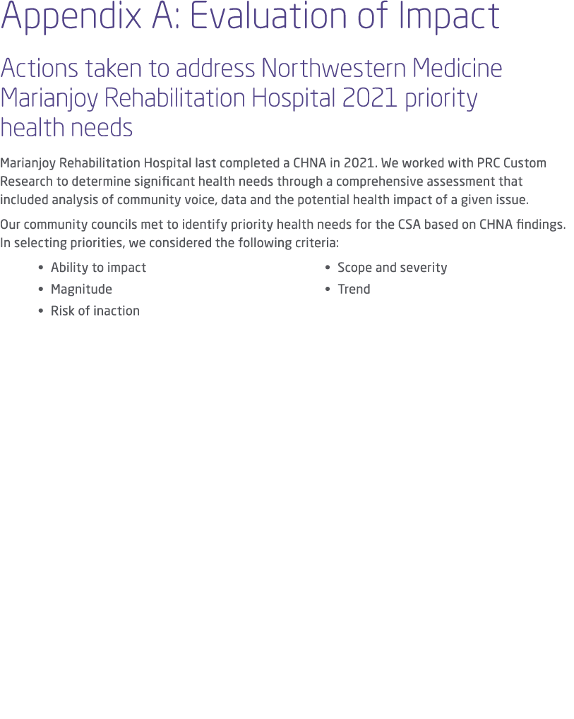 Appendix A: Evaluation of Impact Actions taken to address Northwestern Medicine Marianjoy Rehabilitation Hospital 202...