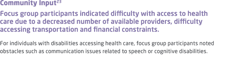 Community Input23 Focus group participants indicated difficulty with access to health care due to a decreased number ...