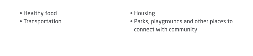  • Healthy food • Transportation • Housing • Parks, playgrounds and other places to connect with community 