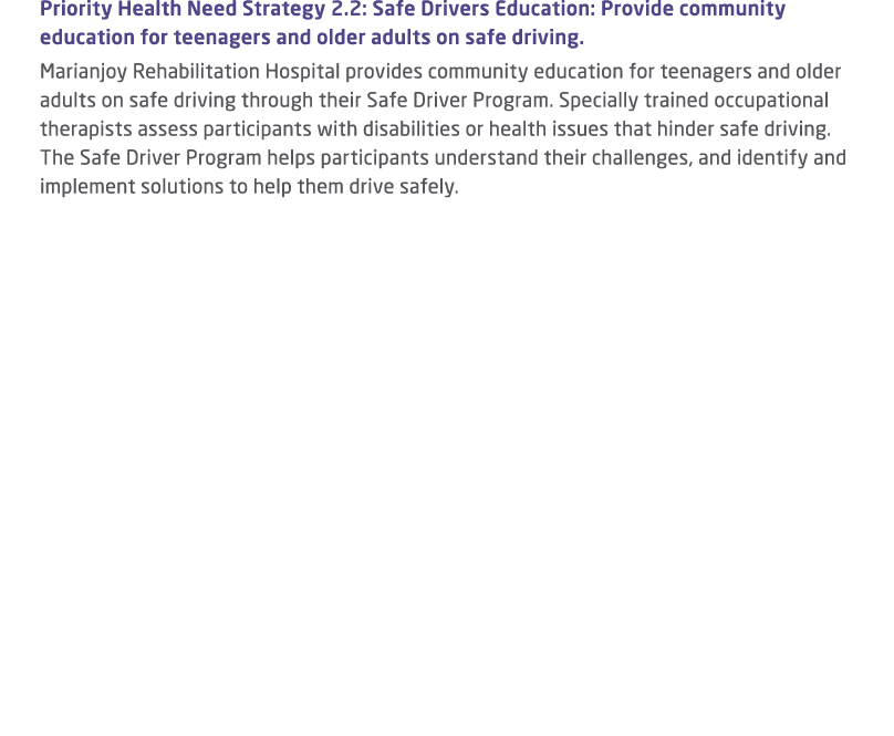 Priority Health Need Strategy 2.2: Safe Drivers Education: Provide community education for teenagers and older adults...