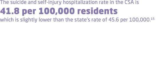 The suicide and self injury hospitalization rate in the CSA is 41.8 per 100,000 residents which is slightly lower tha...