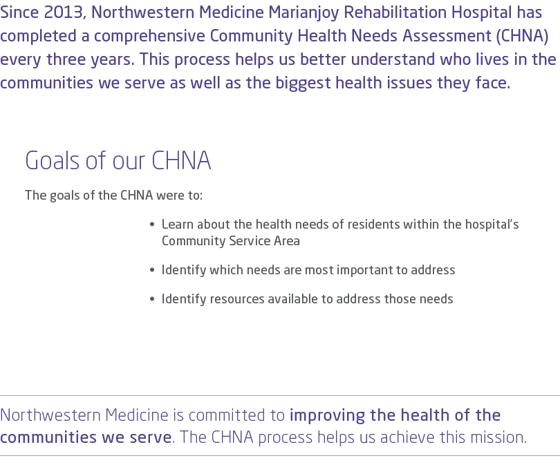 Since 2013, Northwestern Medicine Marianjoy Rehabilitation Hospital has completed a comprehensive Community Health Ne...