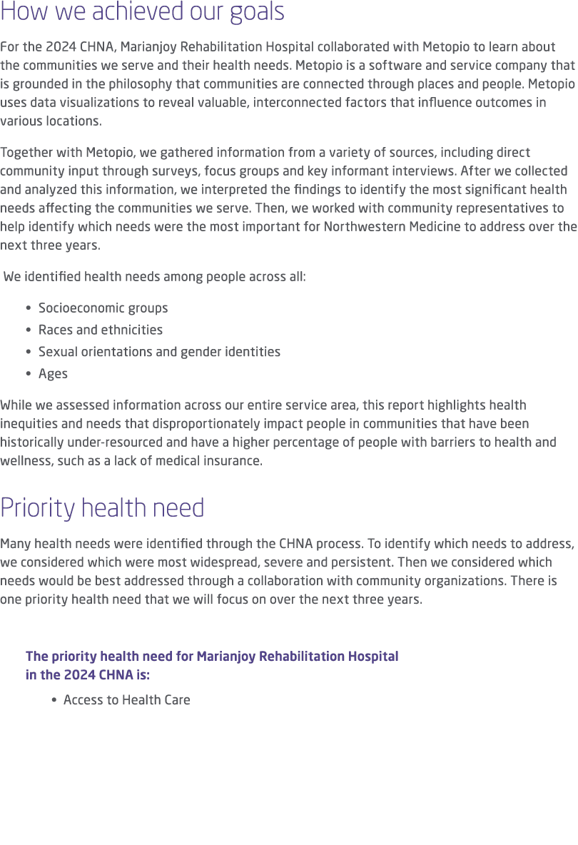 How we achieved our goals For the 2024 CHNA, Marianjoy Rehabilitation Hospital collaborated with Metopio to learn abo...