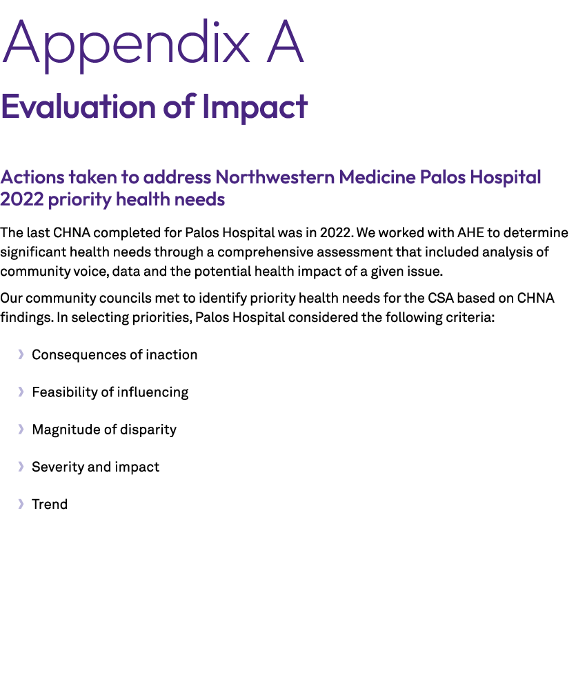 Appendix A Evaluation of Impact Actions taken to address Northwestern Medicine Palos Hospital 2022 priority health ne...