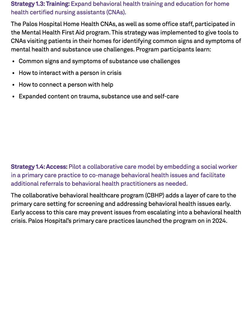 Strategy 1.3: Training: Expand behavioral health training and education for home health certified nursing assistants ...
