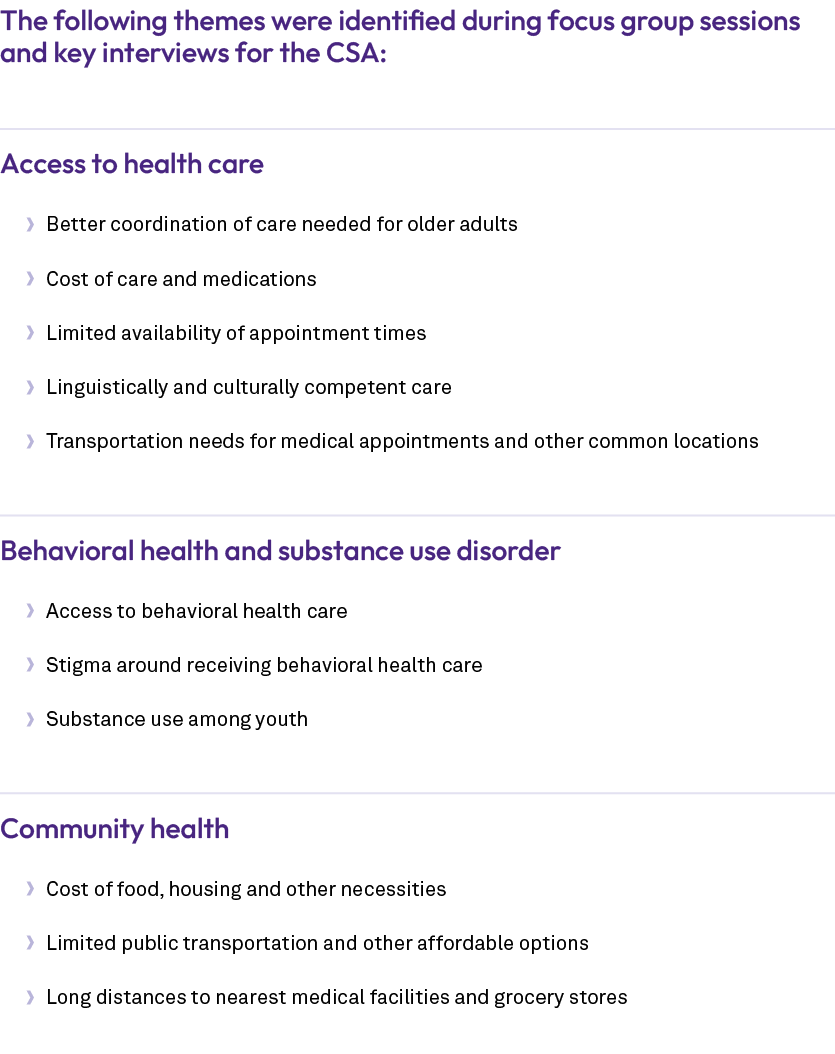 The following themes were identified during focus group sessions and key interviews for the CSA: Access to health car...