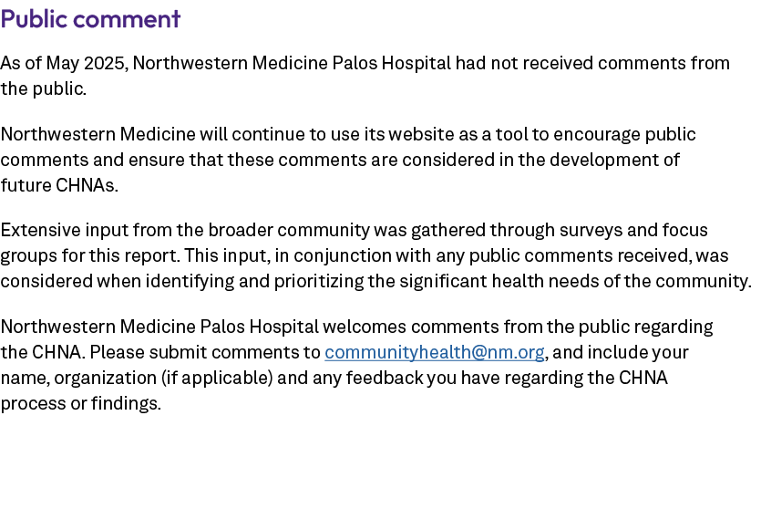 Public comment As of May 2025, Northwestern Medicine Palos Hospital had not received comments from the public. Northw...