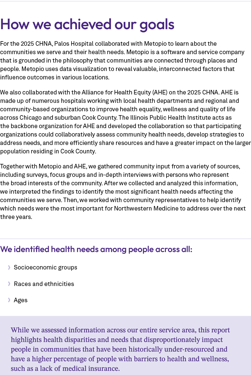 How we achieved our goals For the 2025 CHNA, Palos Hospital collaborated with Metopio to learn about the communities ...