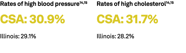 Rates of high blood pressure14,15 CSA: 30.9% Illinois: 29.1% Rates of high cholesterol14,15 CSA: 31.7% Illinois: 28.2% 