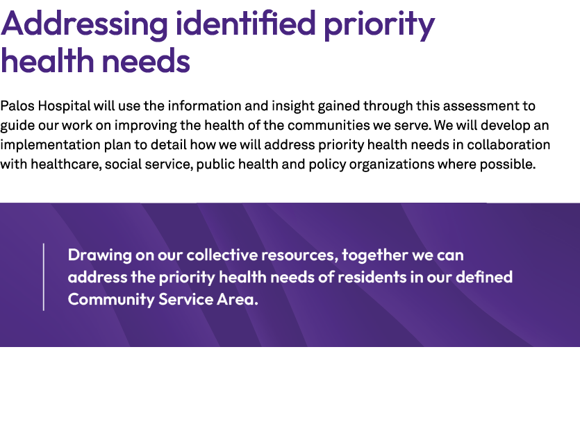 Addressing identified priority health needs Palos Hospital will use the information and insight gained through this a...