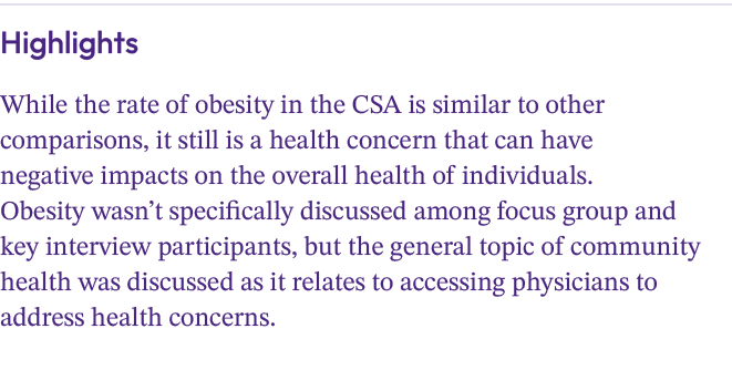 Highlights While the rate of obesity in the CSA is similar to other comparisons, it still is a health concern that ca...