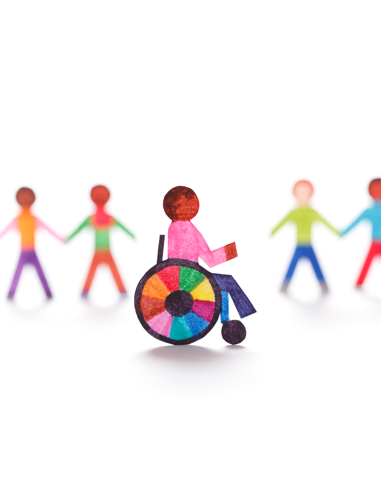 Wheelchair kid and friends in the background. Paper cutouts.