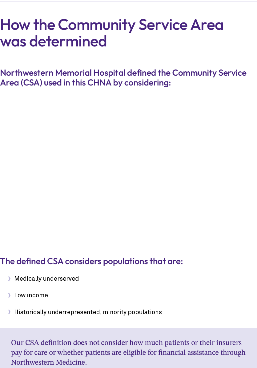 How the Community Service Area was determined Northwestern Memorial Hospital defined the Community Service Area (CSA)...