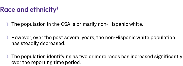 Race and ethnicity1 • The population in the CSA is primarily non Hispanic white. • However, over the past several yea...