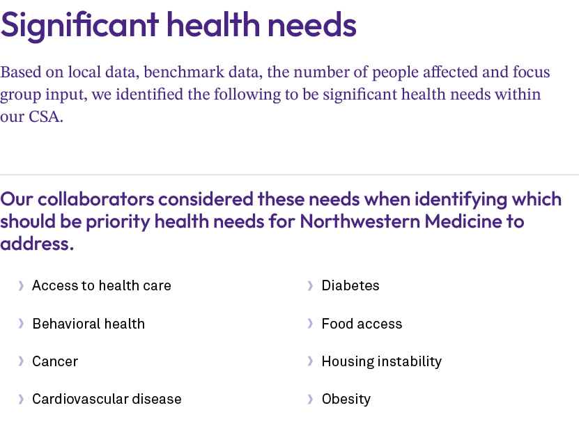 Significant health needs Based on local data, benchmark data, the number of people affected and focus group input, we...