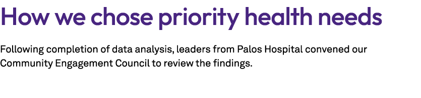 How we chose priority health needs Following completion of data analysis, leaders from Palos Hospital convened our Co...