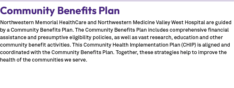 Community Benefits Plan Northwestern Memorial HealthCare and Northwestern Medicine Valley West Hospital are guided by...