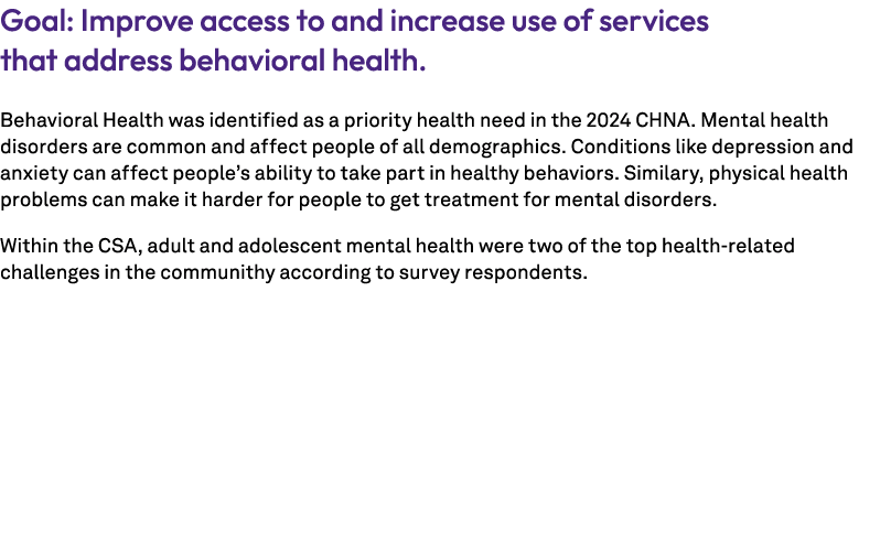 Goal: Improve access to and increase use of services that address behavioral health. Behavioral Health was identified...