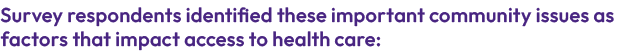 Survey respondents identified these important community issues as factors that impact access to health care: