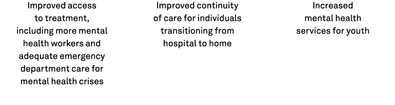 Improved access to treatment, including more mental health workers and adequate emergency department care for mental ...