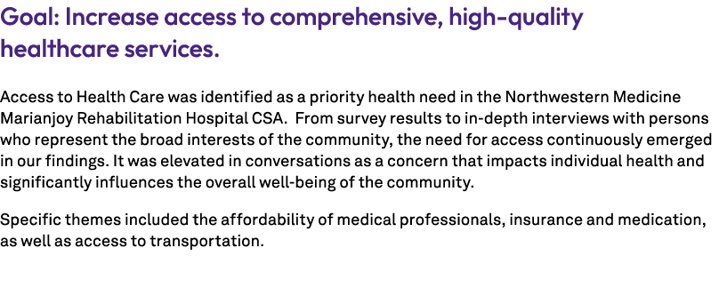 Goal: Increase access to comprehensive, high quality healthcare services. Access to Health Care was identified as a p...