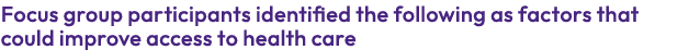 Focus group participants identified the following as factors that could improve access to health care