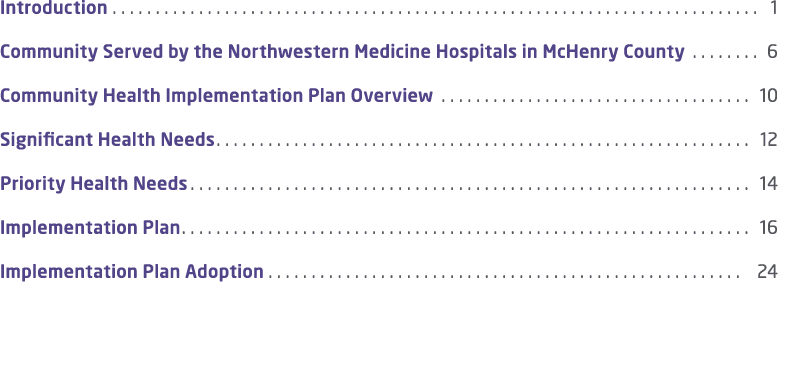 Introduction 1 Community Served by the Northwestern Medicine Hospitals in McHenry County 6 Community Health Implement...