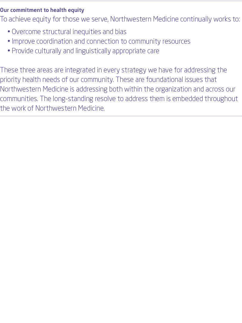 Our commitment to health equity To achieve equity for those we serve, Northwestern Medicine continually works to: • O...