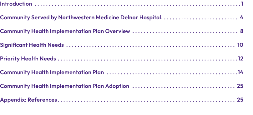 Introduction 1 Community Served by Northwestern Medicine Delnor Hospital. 4 Community Health Implementation Plan Over...