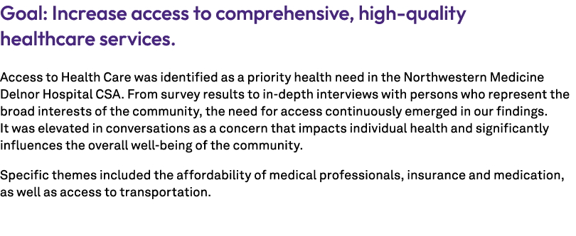 Goal: Increase access to comprehensive, high quality healthcare services. Access to Health Care was identified as a p...
