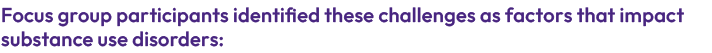 Focus group participants identified these challenges as factors that impact substance use disorders: