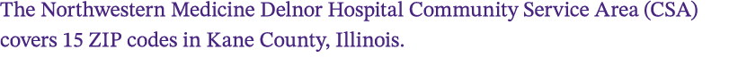 The Northwestern Medicine Delnor Hospital Community Service Area (CSA) covers 15 ZIP codes in Kane County, Illinois. 