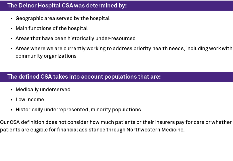 The Delnor Hospital CSA was determined by: • Geographic area served by the hospital • Main functions of the hospital ...