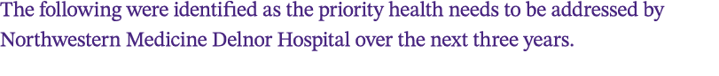 The following were identified as the priority health needs to be addressed by Northwestern Medicine Delnor Hospital o...