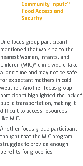 Community Input:23 Food Access and Security One focus group participant mentioned that walking to the nearest Women, ...