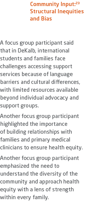 Community Input:23 Structural Inequities and Bias A focus group participant said that in DeKalb, international studen...