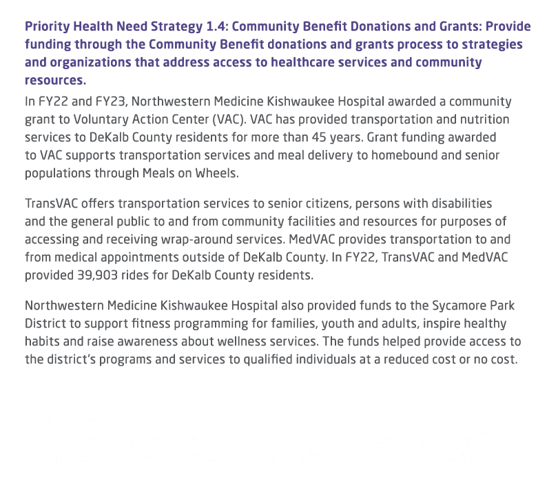  Priority Health Need Strategy 1.4: Community Benefit Donations and Grants: Provide funding through the Community Ben...