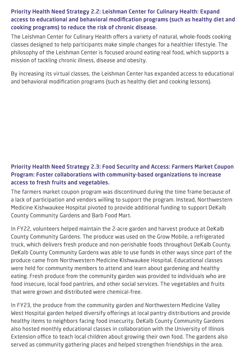  Priority Health Need Strategy 2.2: Leishman Center for Culinary Health: Expand access to educational and behavioral ...