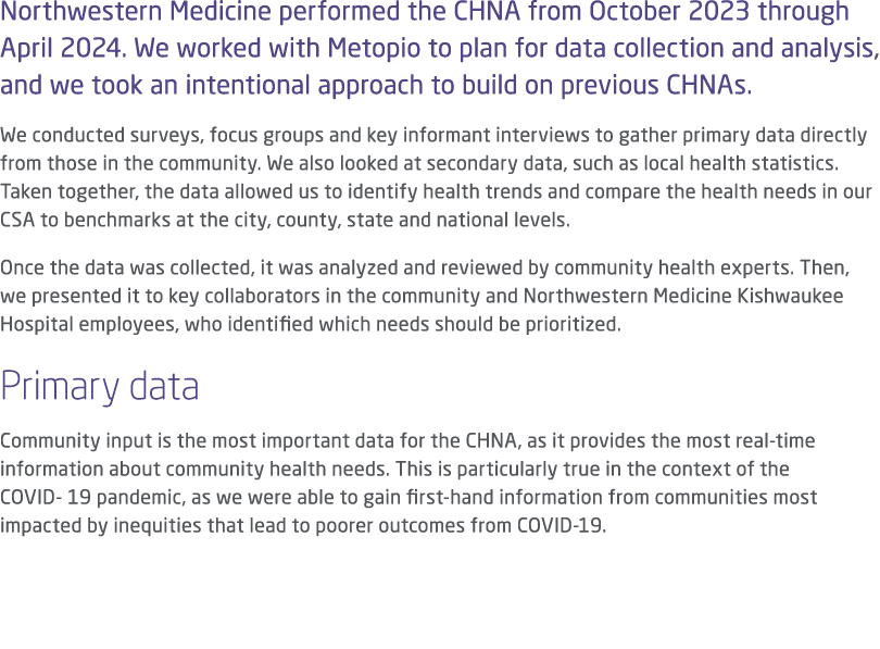 Northwestern Medicine performed the CHNA from October 2023 through April 2024. We worked with Metopio to plan for dat...