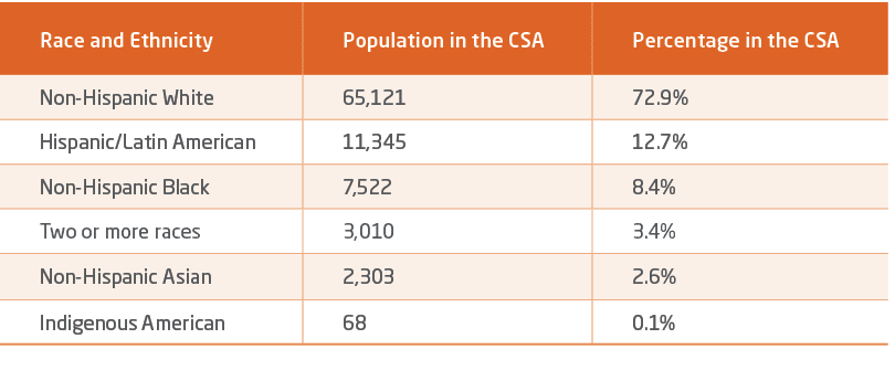 Race and Ethnicity,Population in the CSA,Percentage in the CSA,Non Hispanic White,65,121,72.9%,Hispanic/Latin America...