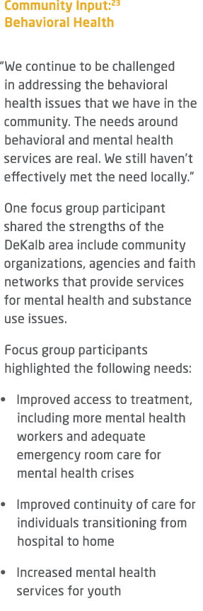 Community Input:23 Behavioral Health “We continue to be challenged in addressing the behavioral health issues that we...