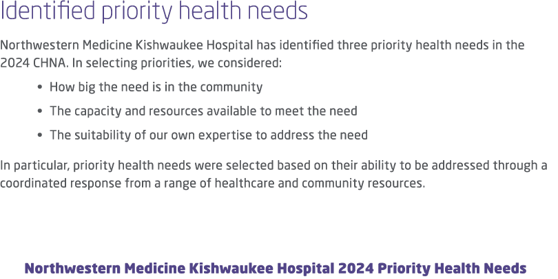 Identified priority health needs Northwestern Medicine Kishwaukee Hospital has identified three priority health needs...