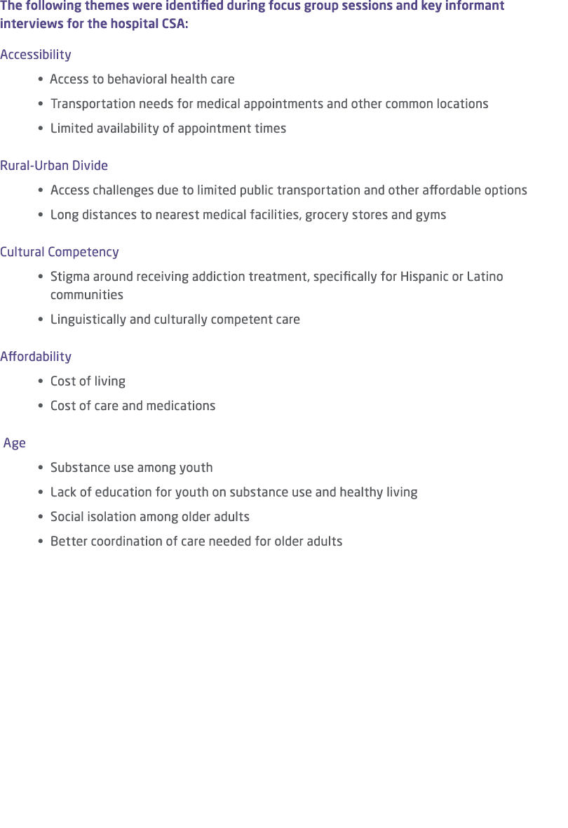 The following themes were identified during focus group sessions and key informant interviews for the hospital CSA: A...
