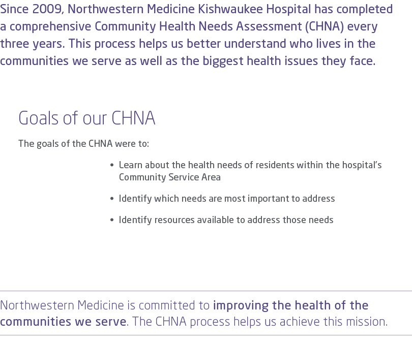 Since 2009, Northwestern Medicine Kishwaukee Hospital has completed a comprehensive Community Health Needs Assessment...