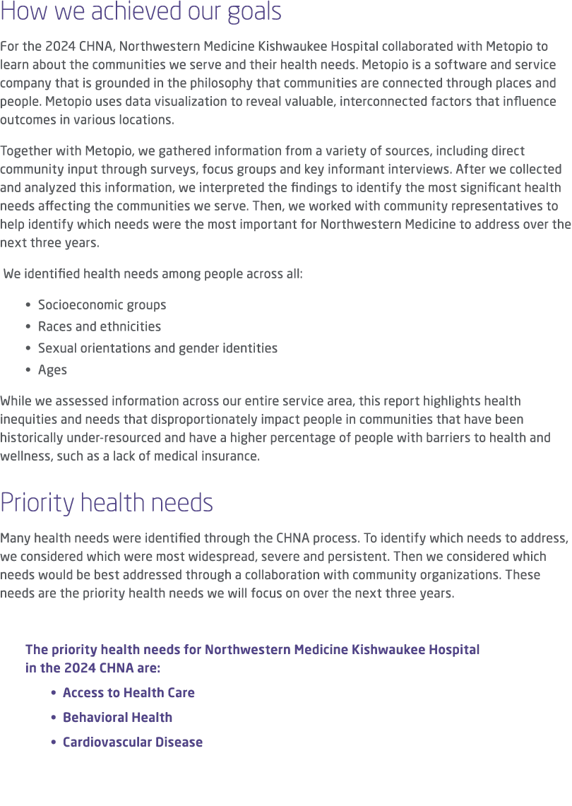 How we achieved our goals For the 2024 CHNA, Northwestern Medicine Kishwaukee Hospital collaborated with Metopio to l...