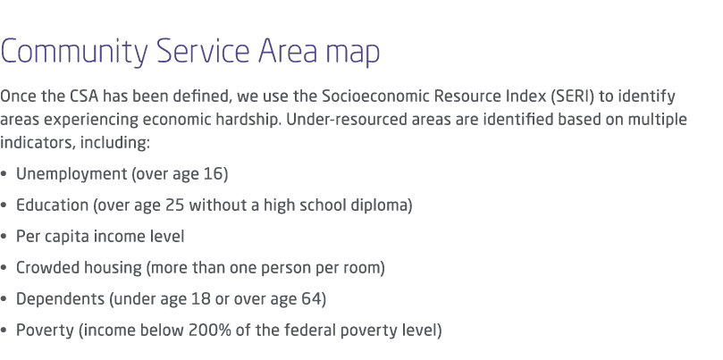  Community Service Area map Once the CSA has been defined, we use the Socioeconomic Resource Index (SERI) to identify...