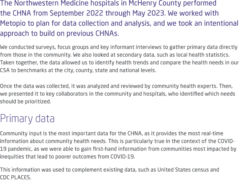 The Northwestern Medicine hospitals in McHenry County performed the CHNA from September 2022 through May 2023. We wor...