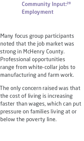 Community Input:28 Employment Many focus group participants noted that the job market was strong in McHenry County. P...